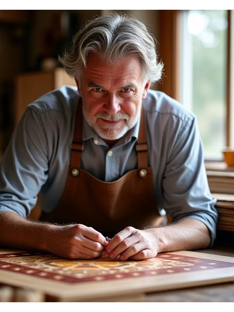 Pieter van der Velden, oprichter van Atelier Marqueterie, aan het werk in zijn atelier